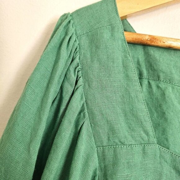 J.Crew 100% Linen Blouse Square Neck Balloon Sleeve Button Front Green Size XL - Picture 7 of 12